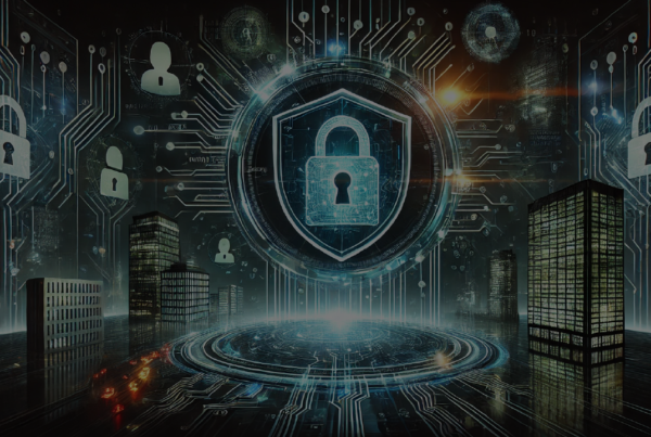 Illustrazione digitale futuristica in orizzontale che raffigura la cybersicurezza aziendale. Lo sfondo scuro presenta un reticolo complesso di circuiti elettronici luminosi in tonalità blu e verde. Al centro, un grande scudo digitale trasparente con un lucchetto simboleggia la protezione dei dati. Sullo sfondo, sagome stilizzate di hacker e minacce informatiche si dissolvono in codice binario, mentre una rete di connessioni digitali avvolge un grattacielo, evocando l'ambiente delle imprese. L'illuminazione dinamica con riflessi neon contribuisce a creare un'atmosfera hi-tech, innovativa e sicura.