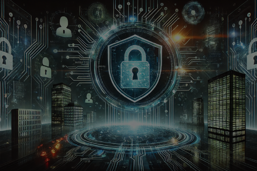 Illustrazione digitale futuristica in orizzontale che raffigura la cybersicurezza aziendale. Lo sfondo scuro presenta un reticolo complesso di circuiti elettronici luminosi in tonalità blu e verde. Al centro, un grande scudo digitale trasparente con un lucchetto simboleggia la protezione dei dati. Sullo sfondo, sagome stilizzate di hacker e minacce informatiche si dissolvono in codice binario, mentre una rete di connessioni digitali avvolge un grattacielo, evocando l'ambiente delle imprese. L'illuminazione dinamica con riflessi neon contribuisce a creare un'atmosfera hi-tech, innovativa e sicura.