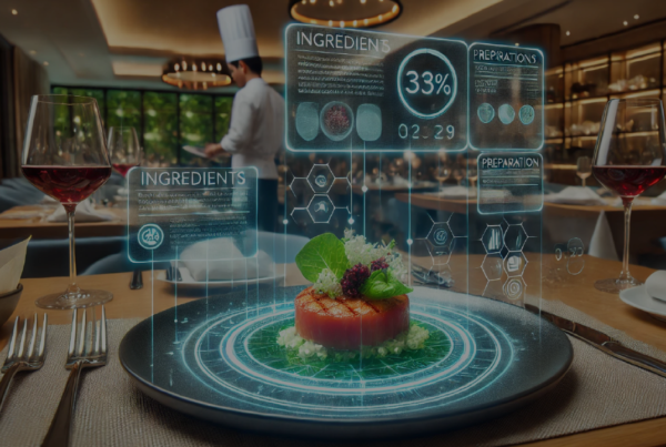 Un piatto gourmet elegantemente impiattato su un tavolo da ristorante, con elementi di realtà aumentata che fluttuano sopra di esso, mostrando informazioni come ingredienti, calorie e tempo di preparazione. L'ambientazione è raffinata, con un'illuminazione soffusa e uno sfondo sfocato di un ristorante di lusso.