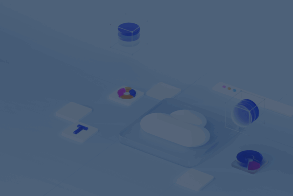 Illustrazione 3D del simbolo di cloud computing (Una nuvola) con icone di database, grafici e applicazioni su sfondo azzurro