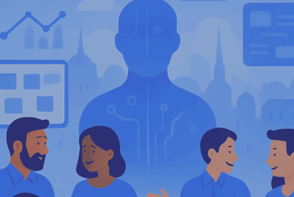 Team multiculturale di uomini e donne lavora con tecnologie digitali e intelligenza artificiale in un ufficio moderno, con skyline di Torino sullo sfondo in toni azzurri.
