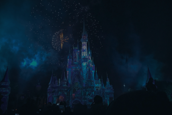 Castello di Disneyland illuminato di notte con fuochi d'artificio, visto dalla folla