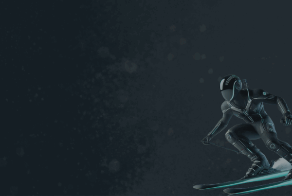 Sciatore futuristico in tuta high-tech su sfondo scuro, simbolo di innovazione e tecnologia nel mondo dello sci.
